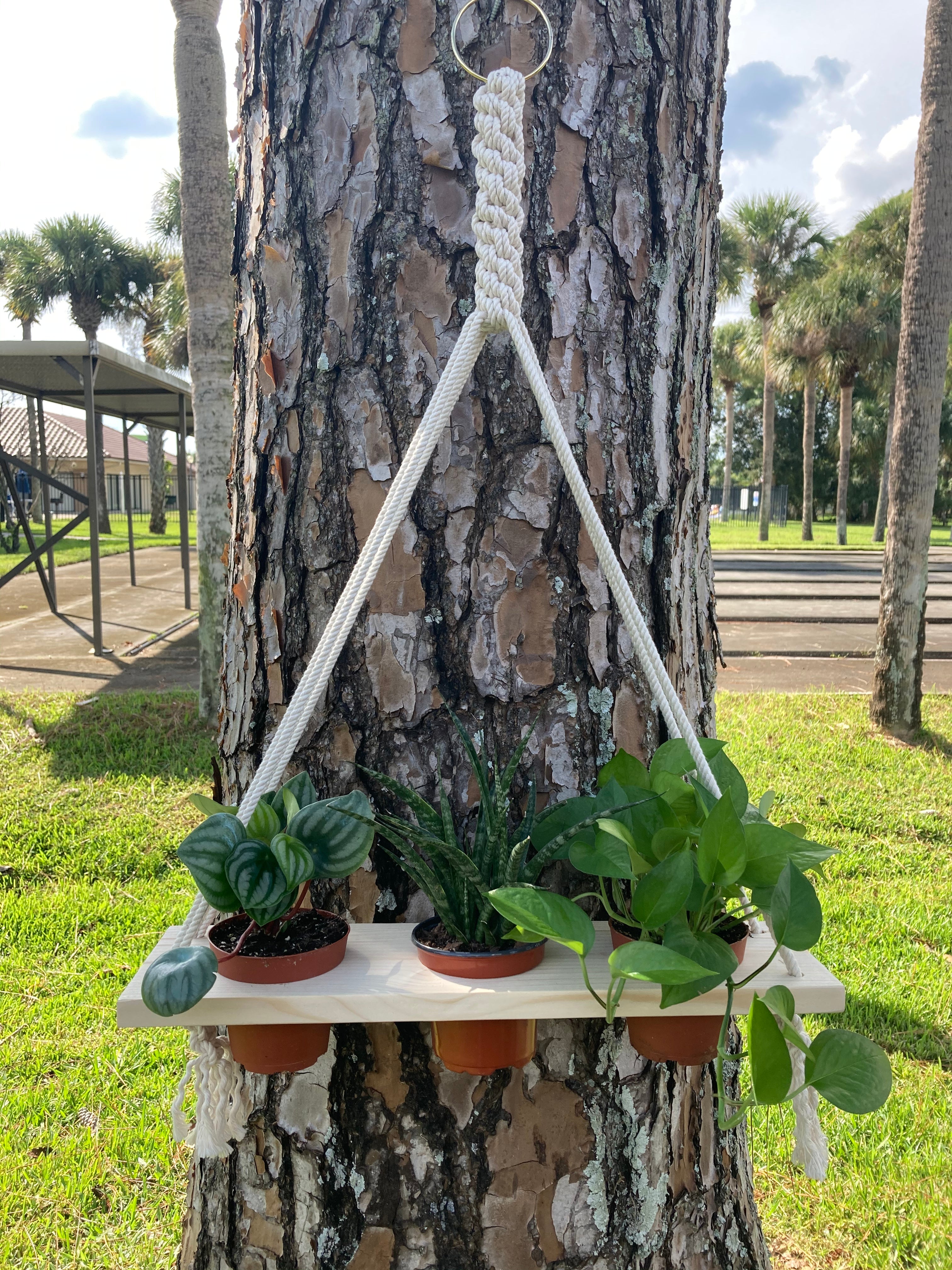 macrame hanging plant shelf Macrame that fits three 4” pots – Land of Alice